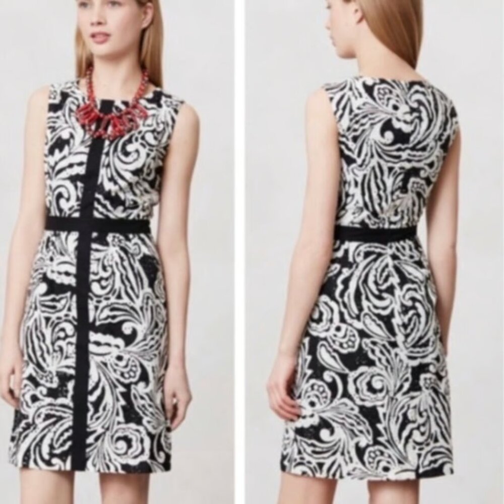 Anthropologie -Tabitha Dress Women's Eyelet Sheath Dress Black White Size 8